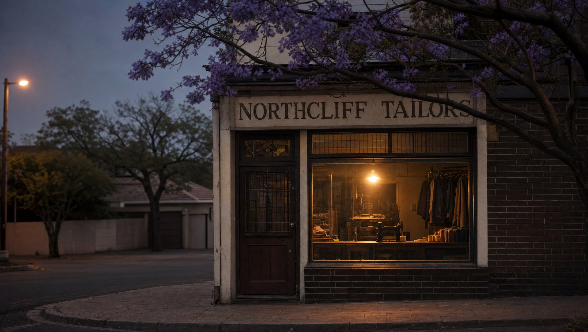 The shopfront at dusk. Warm tungsten light through the window, jacaranda branches with purple blossoms overhead, the empty pavement on the corner of Fourth and Fifth.