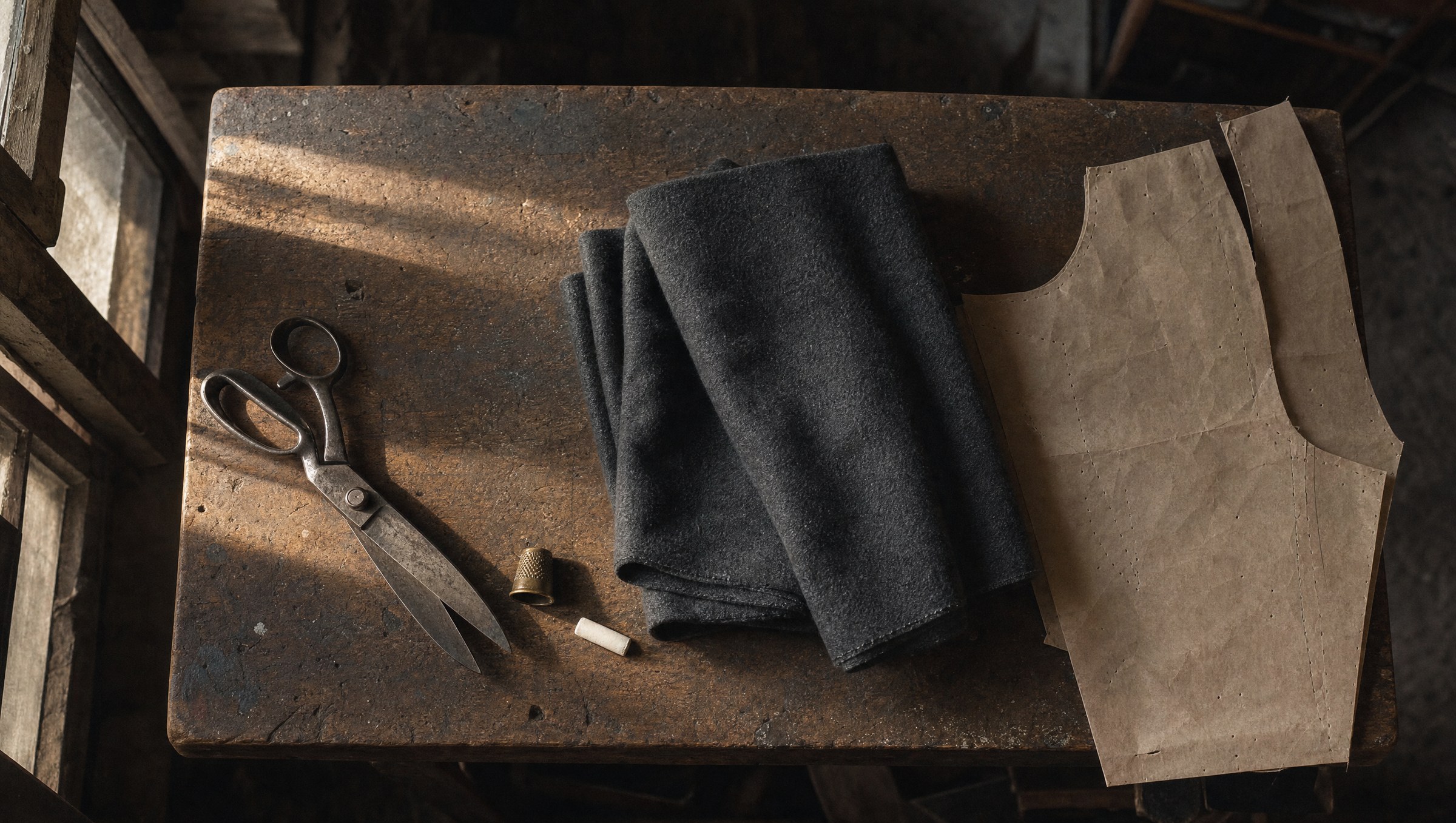 Workbench top-down, single window light, chalk, shears, folded charcoal wool, paper pattern with pinholes, brass thimble.